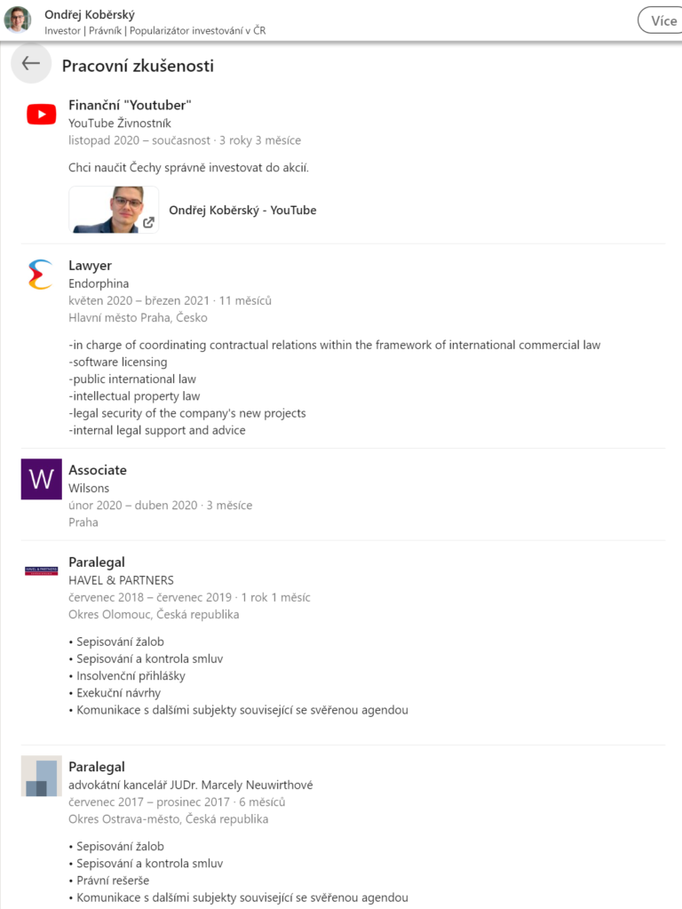 Ondřej Koběrský zkušenosti