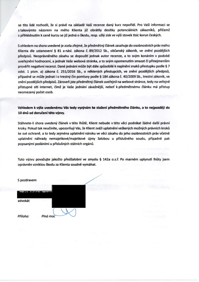 předžalobní výzva Jan Šrajer